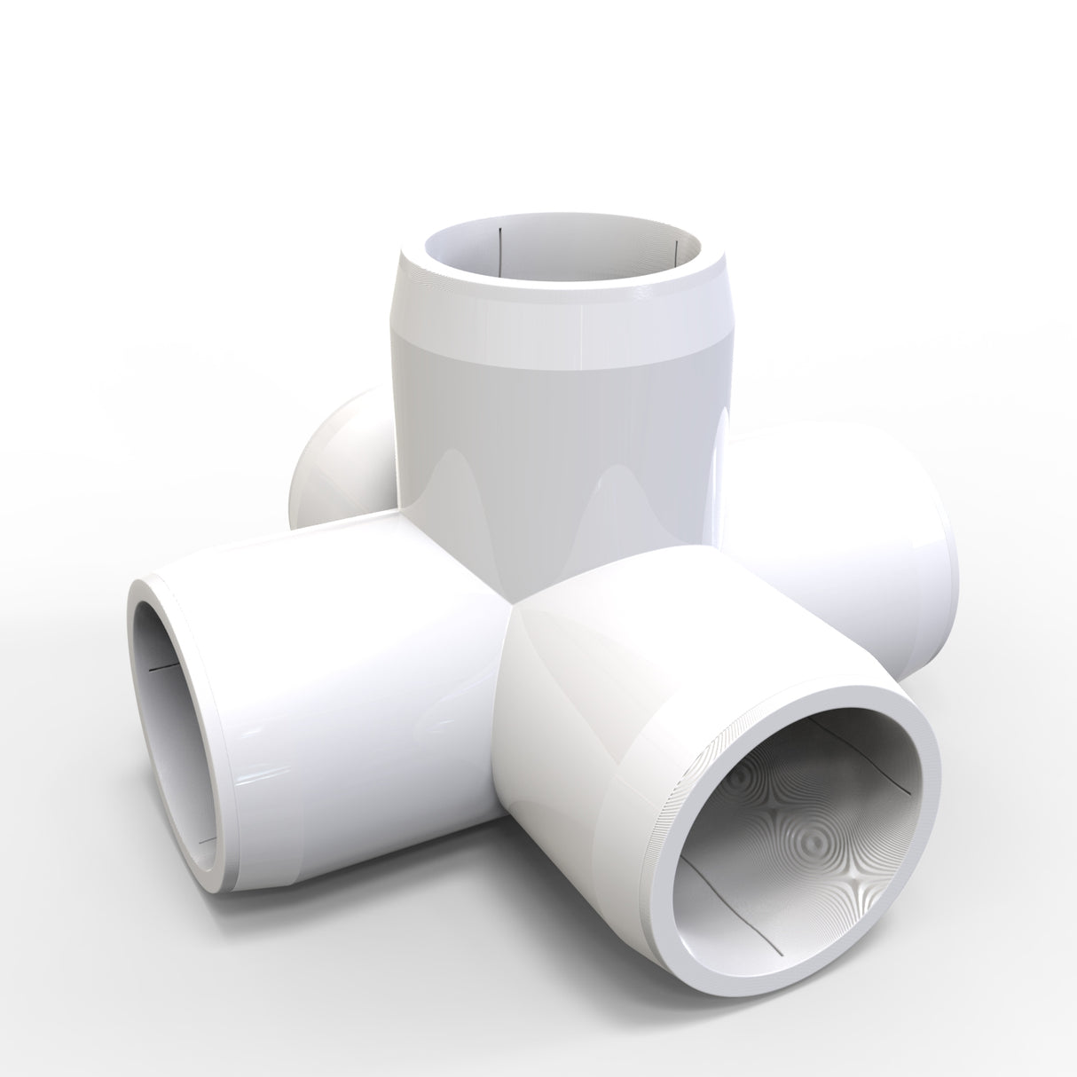 The Structural PVC Joiner for Sierra38 Round Profiles is a glossy white fitting with five cylindrical openings in a cross pattern, perfect for connecting pipes at right angles or building custom lighting and diffuser structures. Plain white background.