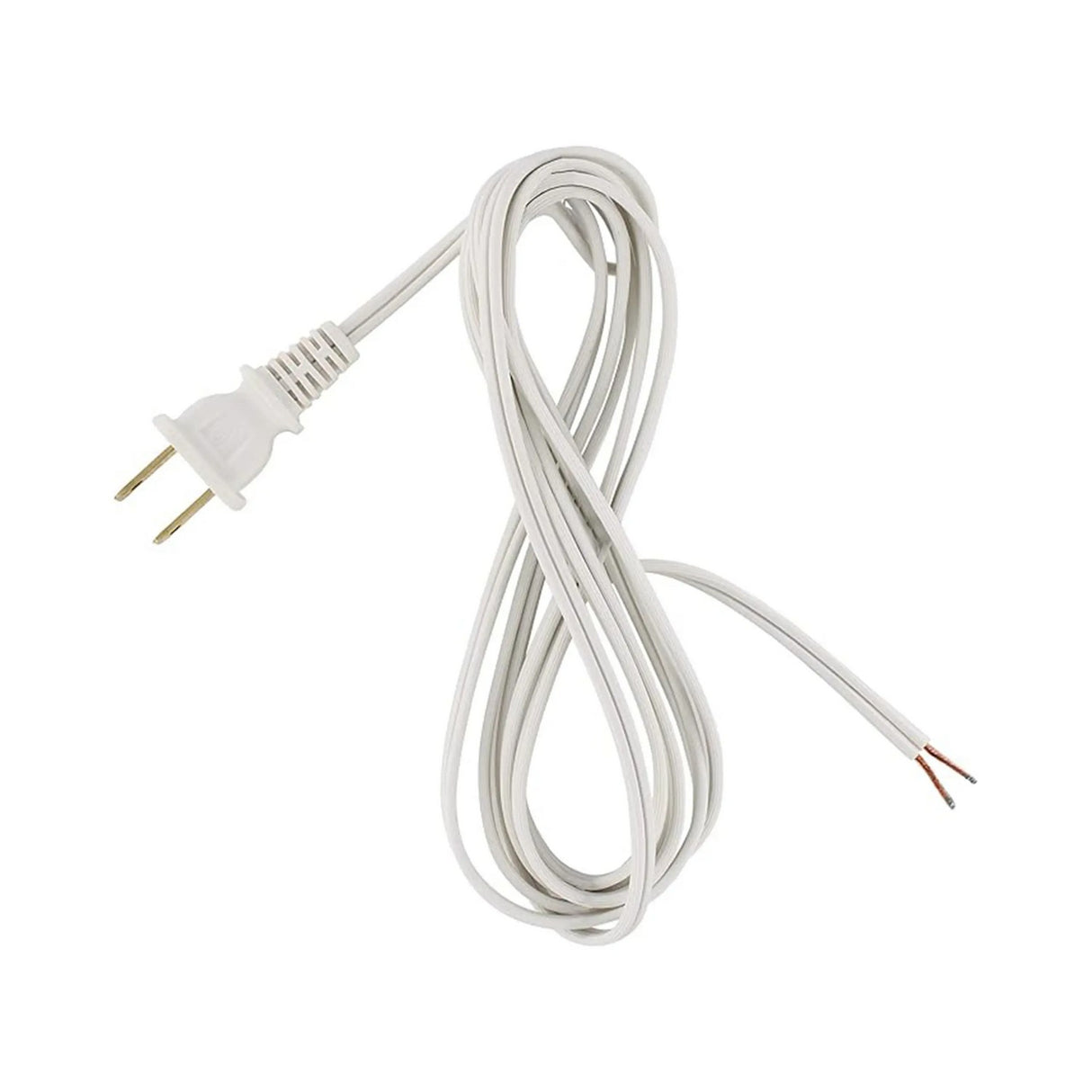 The 3ft 16 AWG White Flat Power Cord—Enoled US Power Plug—features a coiled design with a 2-prong plug and two exposed copper wires, perfect for LED lighting power cord applications and shown on a white background.