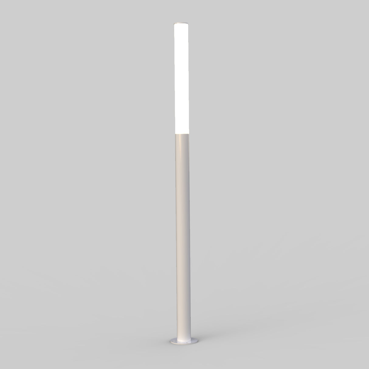 The LED Bollard Post is a minimalistic, modern floor lamp featuring a tall, slim cylindrical base and a glowing rectangular top, ideal for advanced lighting control, shown against a plain light gray background.