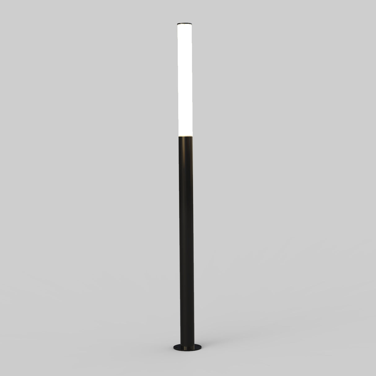 The LED Bollard Post features a tall, slim design with a black base and lower half, and a glowing white upper half. Set against a light gray background, it’s ideal for stylish outdoor illumination.