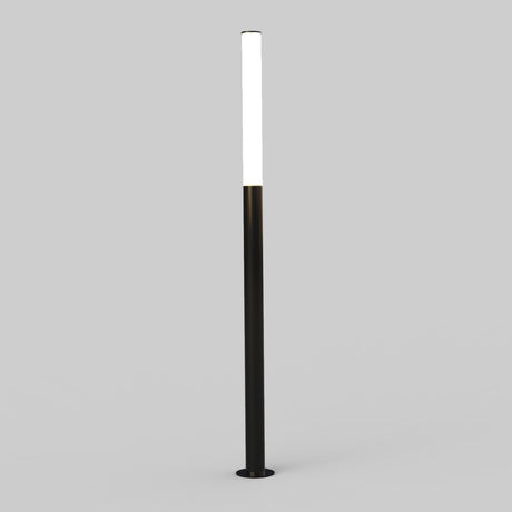 The LED Bollard Post features a tall, slim design with a black base and lower half, and a glowing white upper half. Set against a light gray background, it’s ideal for stylish outdoor illumination.