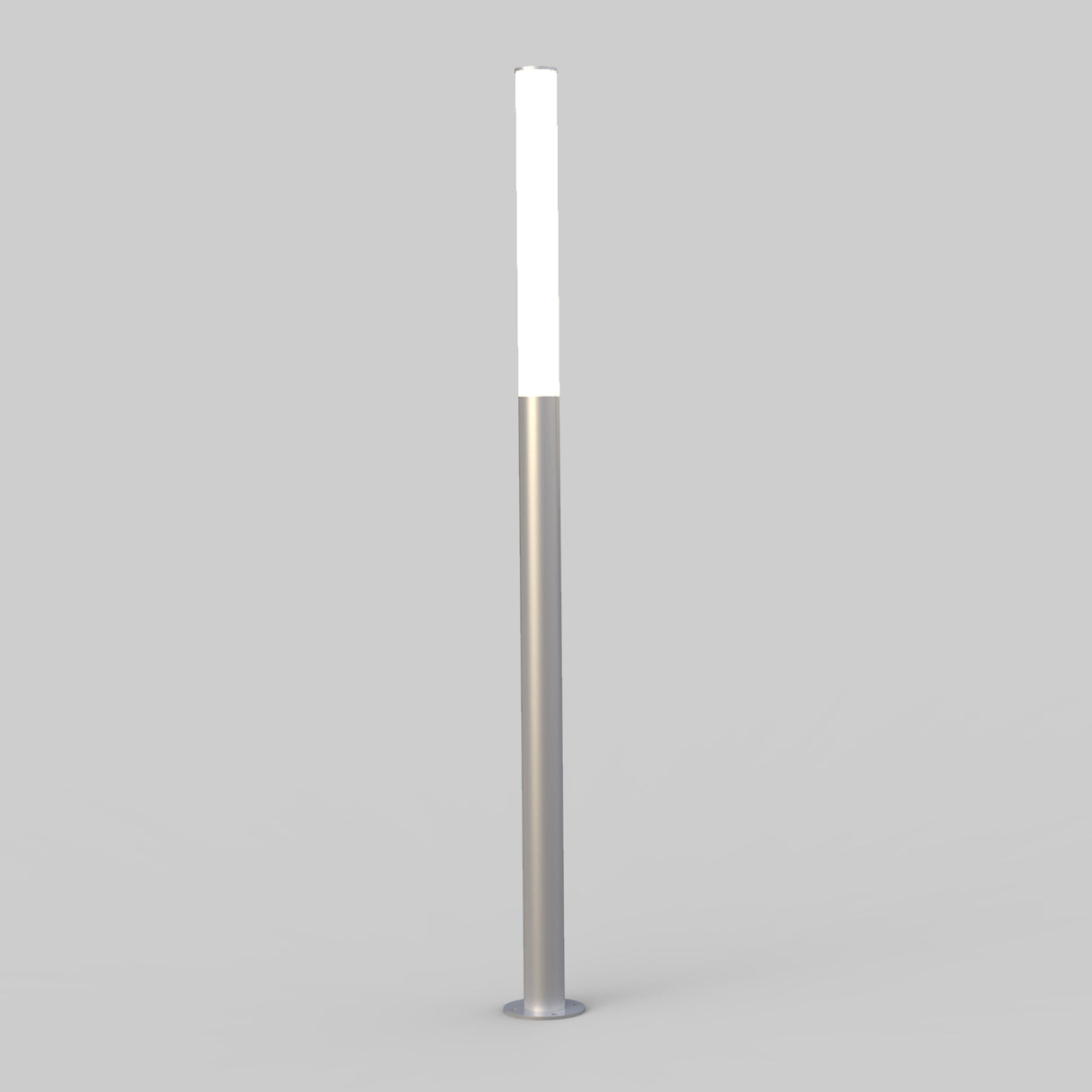 The LED Bollard Post is a tall, slim, modern floor lamp with a silver metallic base and pole, topped with a vertical white illuminated section featuring advanced lighting control, displayed on a plain grey background.