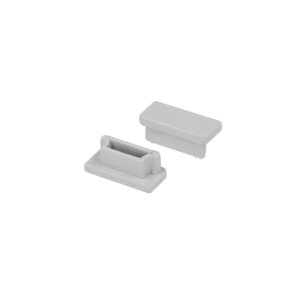 Two small, rectangular, light gray ABS End Caps for Buddy14-01 Profile—one upright and one flat—designed to fit into rectangular openings, ideal for sealing the ends of lighting fixtures.