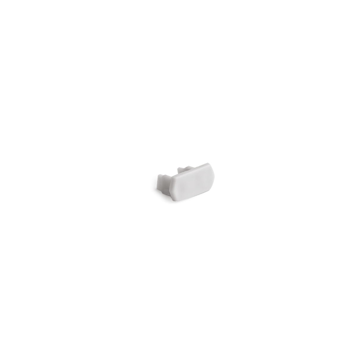 Small gray plastic 3D Printed End Cap for POLI Profile with a flat rectangular face and a U-shaped attachment base.
