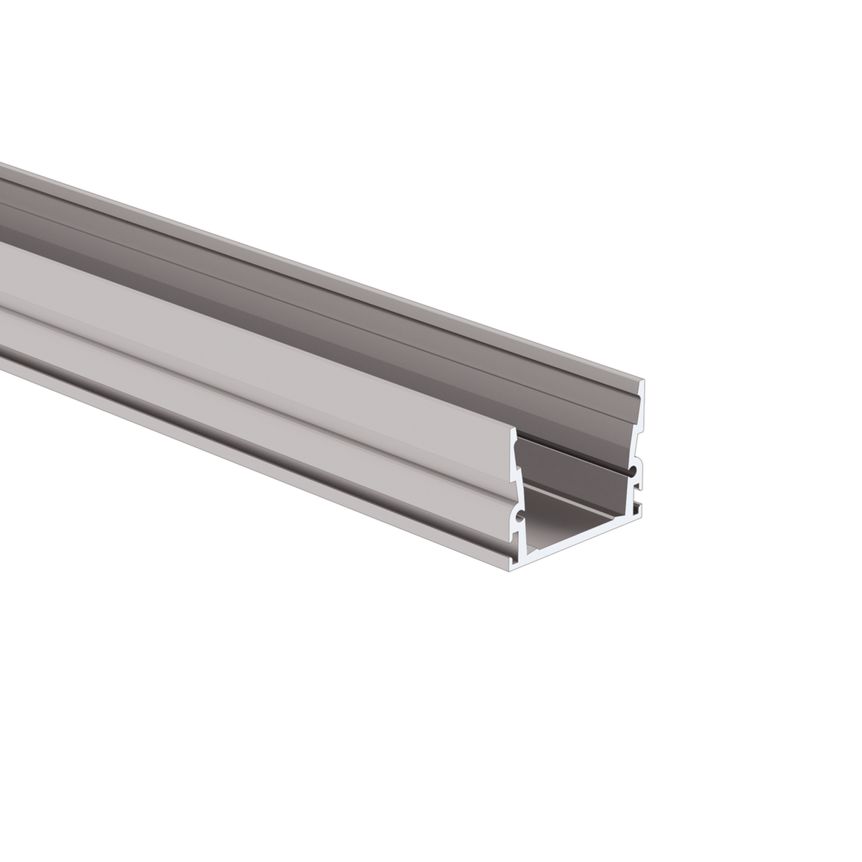 The Complementary Mounting Profile ~ Model HR-MAX-T is a silver aluminum rectangular extrusion rail with side grooves and a hollow center, shown on white. Perfect as a profile for HR-MAX Driveway Lighting installations.