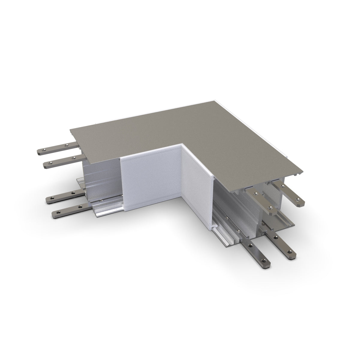 The 90 Degree Connector for DPL55-FL Profile is a metal L-shaped corner joint with flat extension arms on both sides, ideal for connecting or supporting LED channels, shown isolated on a white background.