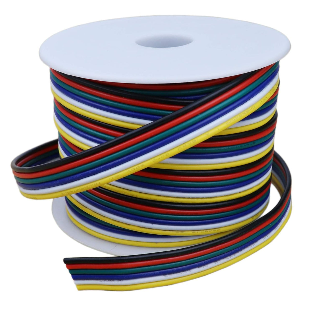 The RGB+CCT 6-Core 18 AWG Flat Cable Electrical Wire features multi-colored flat ribbon with red, blue, black, yellow, and white stripes on a white reel and a PVC jacket—ideal for RGBWW LED wire applications.