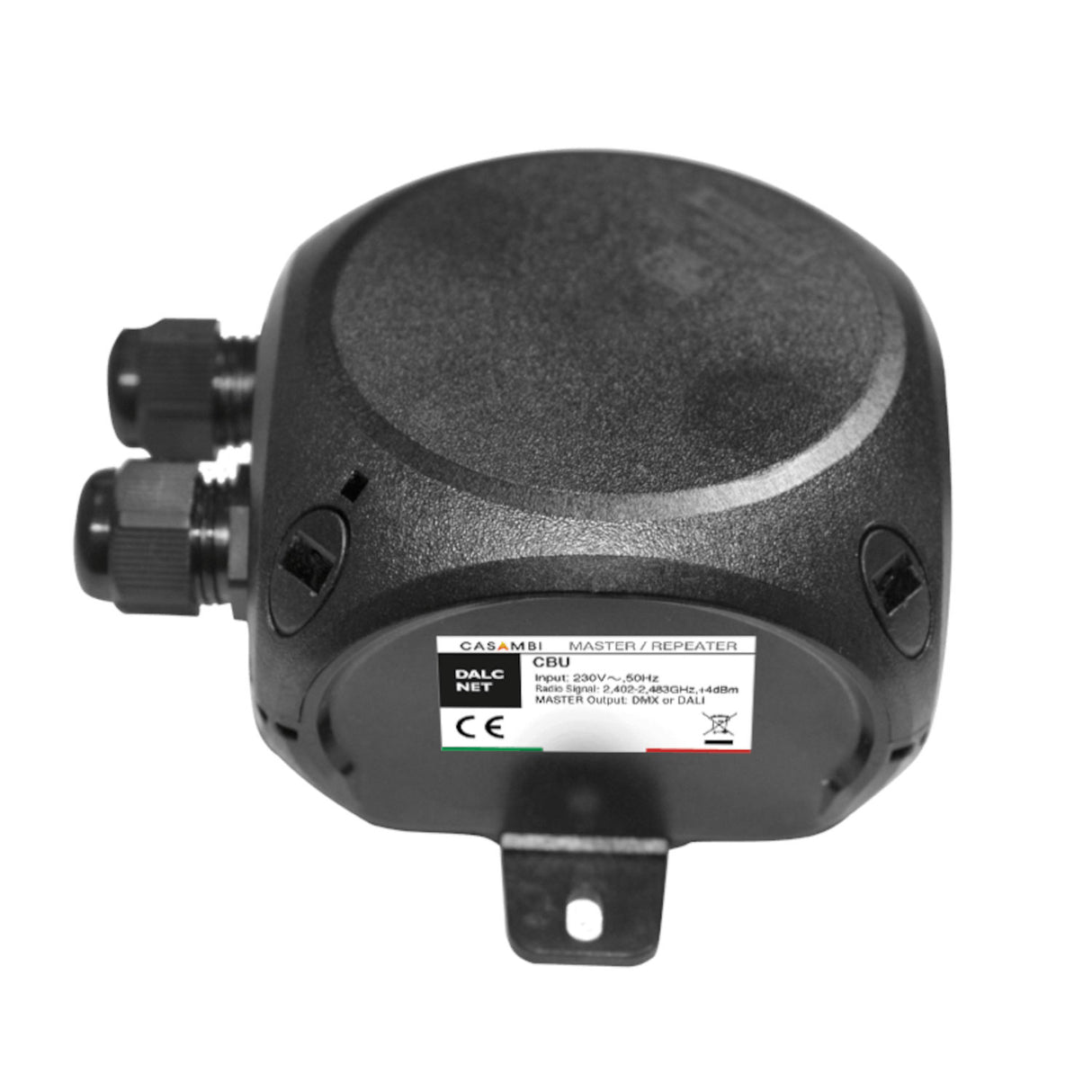 A black Casambi Enabled DMX Master with Mains Power (Model CBU-MASTER-DMX-IP), featuring two cable connectors and a label showing model and specs, ideal for DMX fixtures and pictured on a white background.