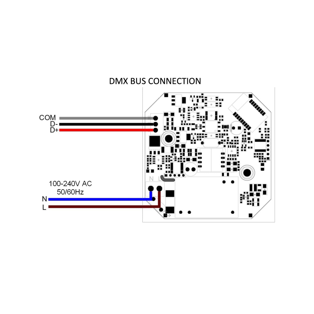 Diagram of the Casambi Enabled DMX Master (Model CBU-MASTER-DMX-IP) showing DMX BUS wiring: gray=COM, red=D+, black=D-, blue=N, brown=L. Integrates with wireless gateway or Casambi app for AC and DMX fixture control.