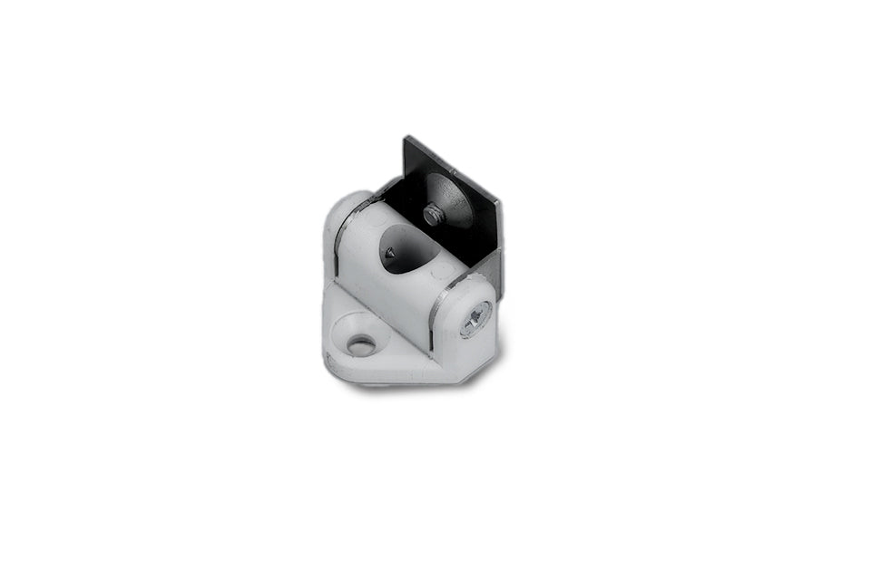 White plastic Tilting Bracket for LED profiles, featuring an adjustable-angle mounting design with a central pivoting hinge and a metal attachment plate.