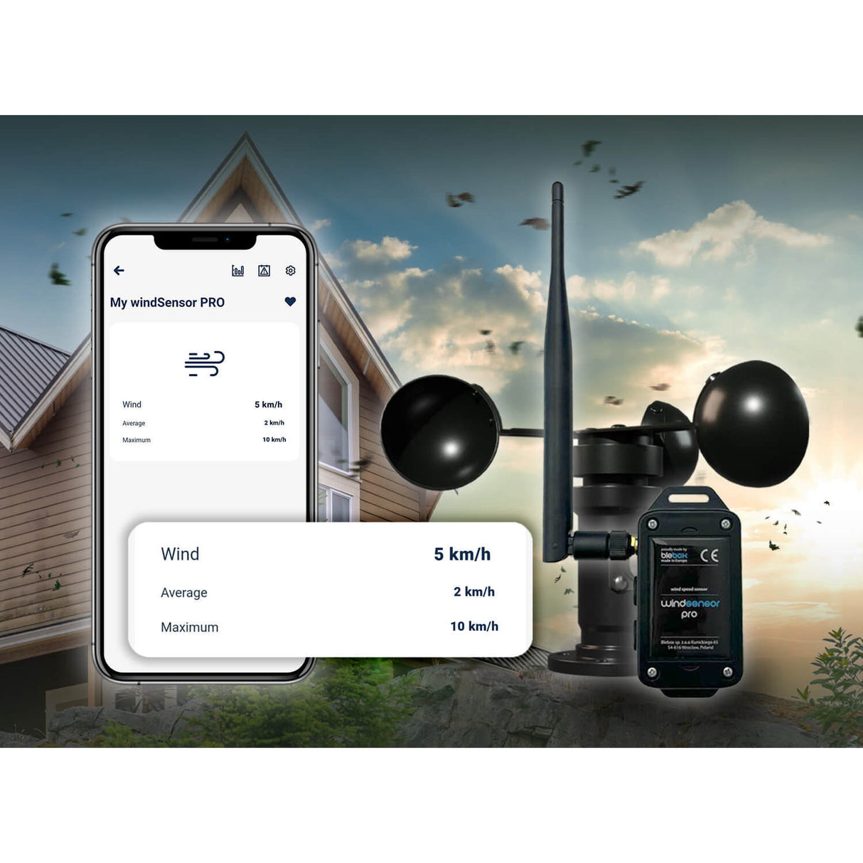 The Wireless Wind Speed Sensor ~ windSensor Pro by Blebox and a smartphone show wireless wind data—average 2 km/h, max 10 km/h—outside a modern house, with both the sensor and home appearing in the background.