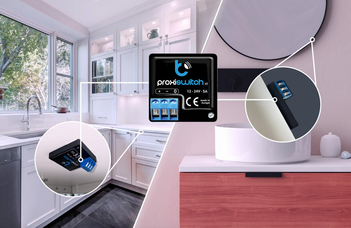A digital graphic displays the proxiSwitch by BleBox—a touchless switch with a proximity sensor for invisible control buttons—featuring close-ups of its ports and installation in modern kitchen and bathroom smart home settings.