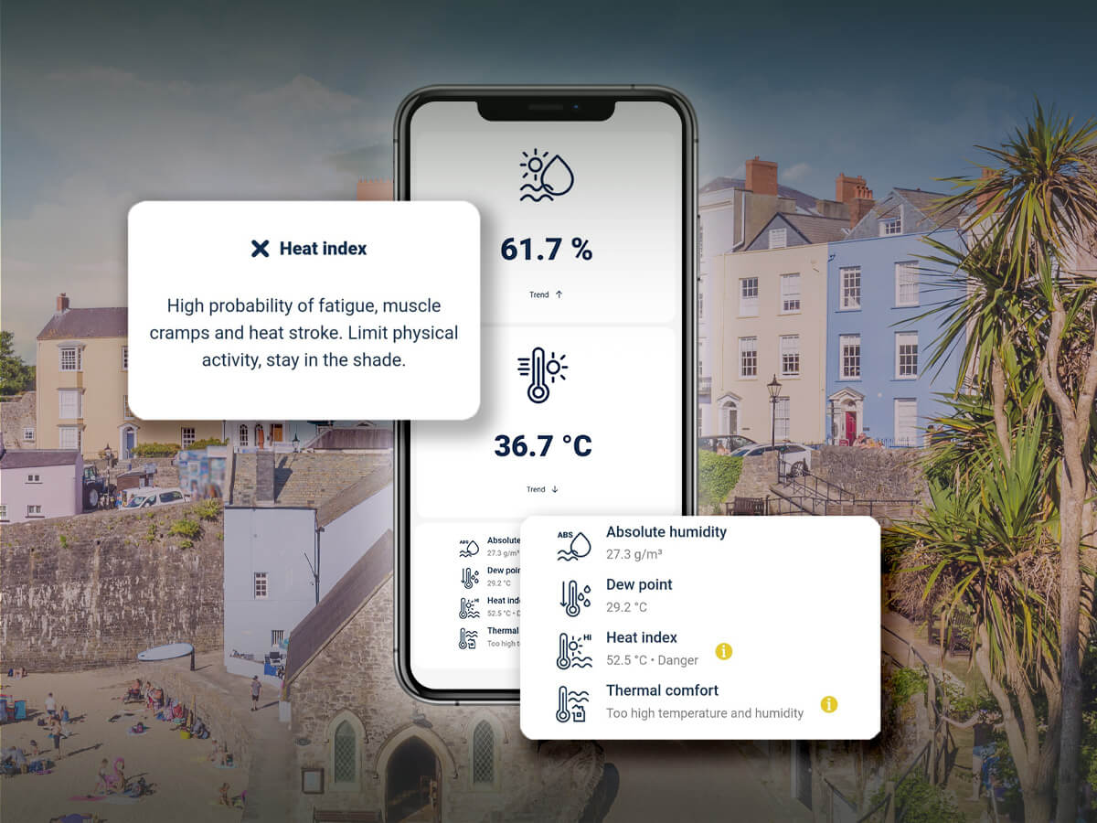 The Smart Wi-Fi Air Temperature and Humidity Sensor ~ humiditySensor by Blebox sends weather data, comfort ratings, and heat warnings to your smartphone, featuring detailed metrics in pop-ups over a sunny coastal town background.