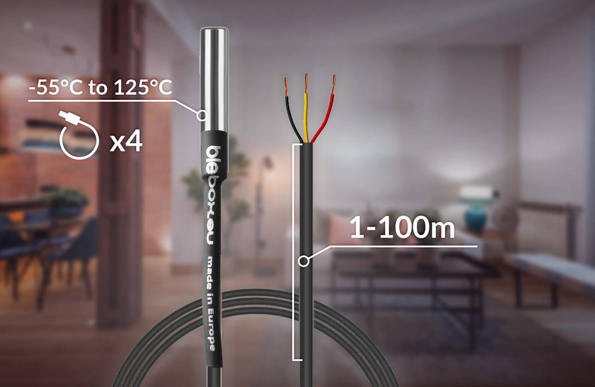 Close-up of the DIN-rail Smart Wireless Temperature Sensor ~ tempSensor DIN by Blebox, designed for -55°C to 125°C and 1–100m reach, shown with four mounting clips for easy installation in a modern living room setting.