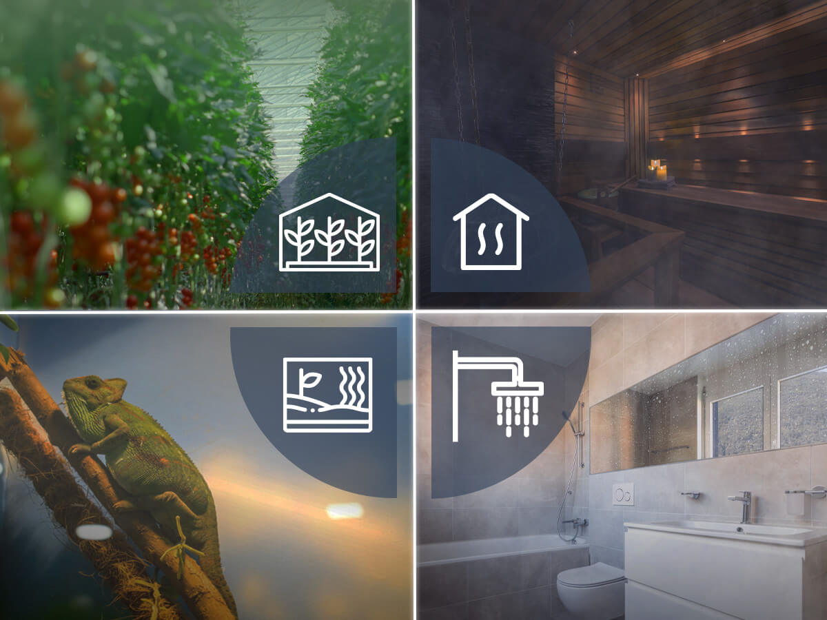 A collage—greenhouse, sauna, terrarium with lizard, and modern shower—each with a white icon, shows how the humiditySensor by Blebox (Smart Wi-Fi Air Temperature and Humidity Sensor) monitors temperature and humidity in varied spaces.