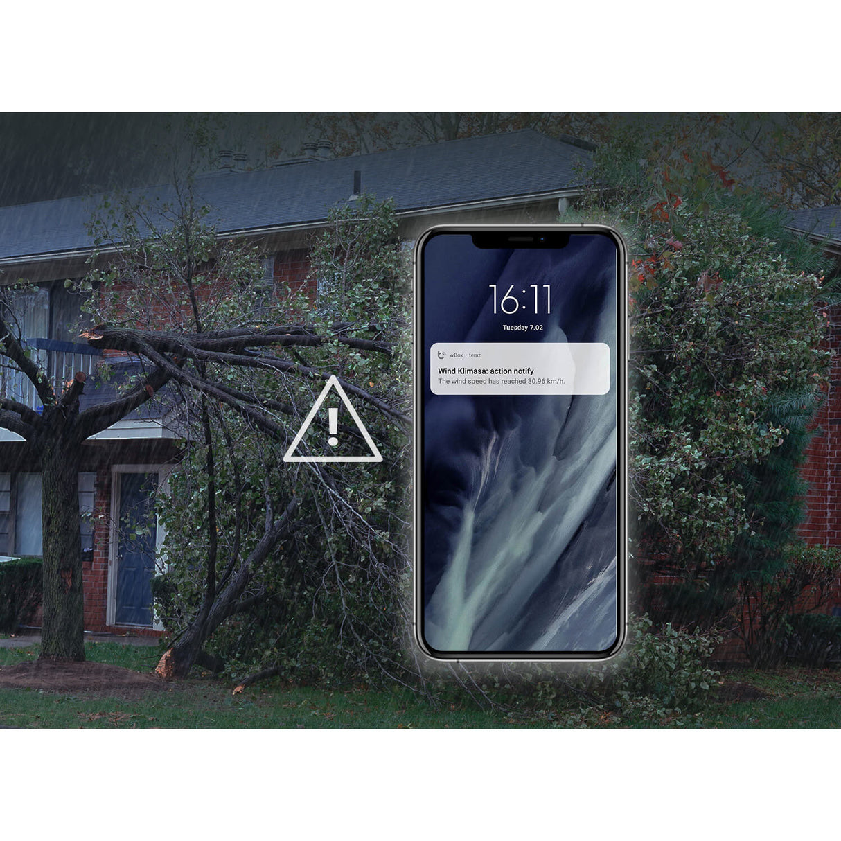 A smartphone shows a severe high wind alert enabled by the windSensor Pro by Blebox. The alert appears over an image of a fallen tree on a house in heavy rain, with an alert icon next to the device.