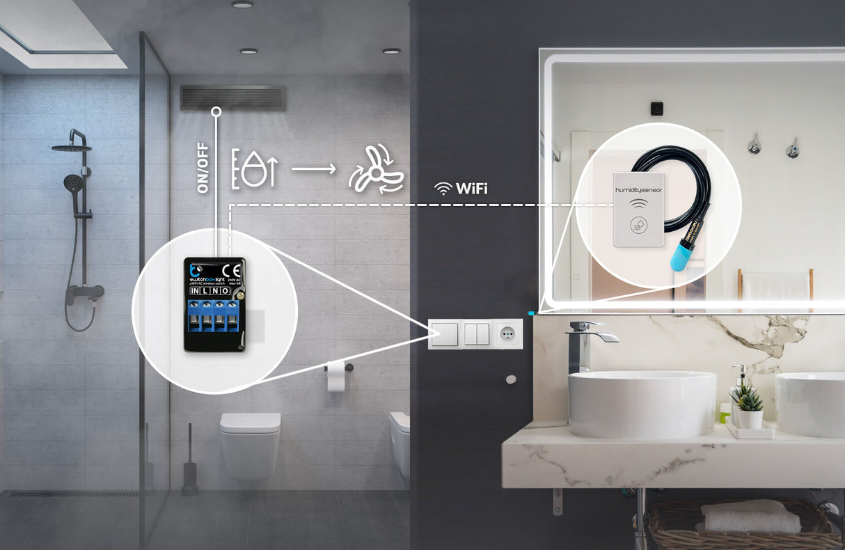 A modern bathroom features the humiditySensor by Blebox—a Smart Wi-Fi Air Temperature and Humidity Sensor—with callouts showing device details and wall wiring near the sink and mirror.