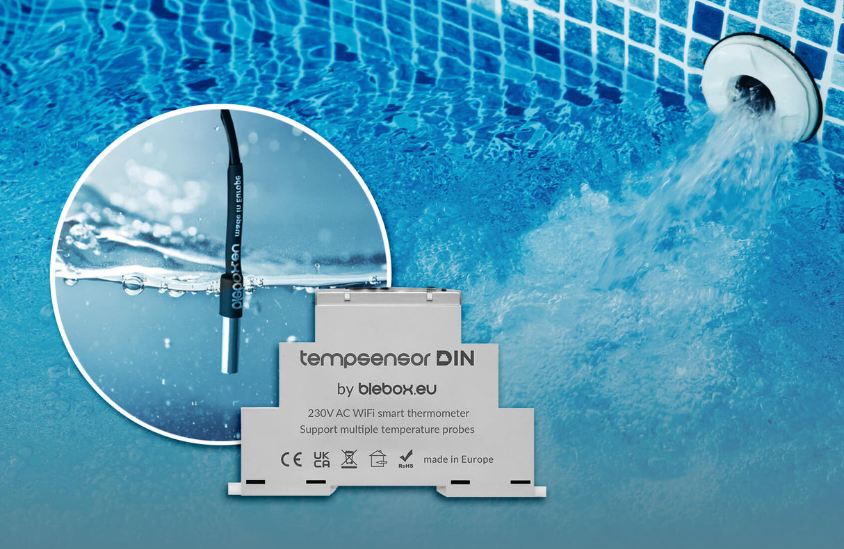 A black IP68 waterproof temperature probe is submerged in a pool (inset), with a jet behind. Below, the Blebox tempSensor DIN-rail Smart Wireless Temperature Sensor precisely monitors pool temperature.