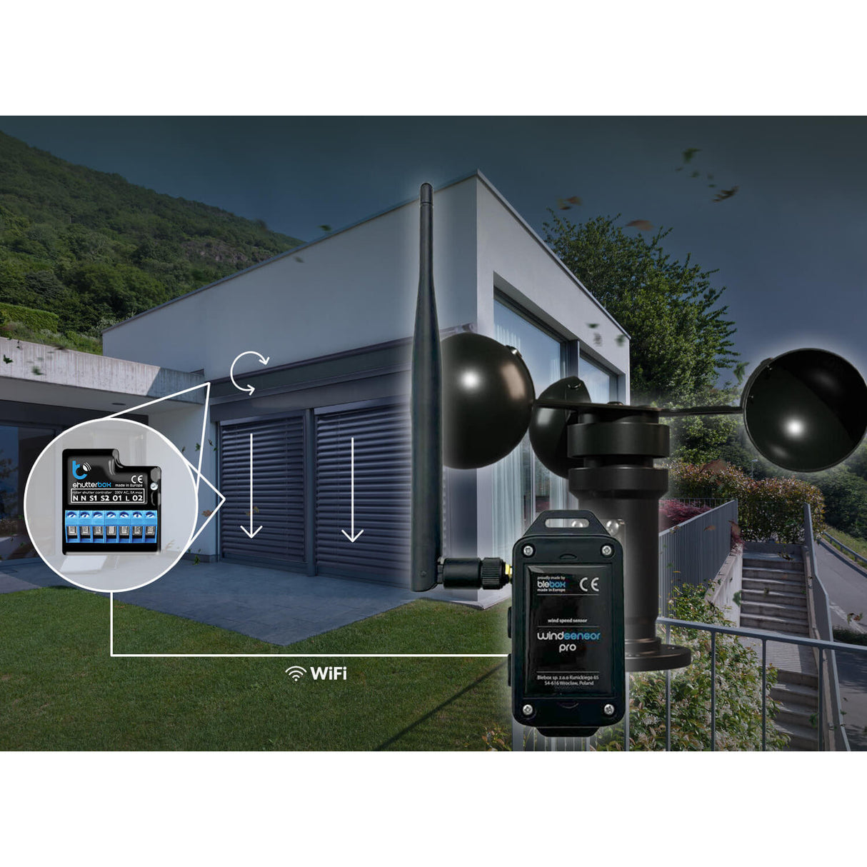 The windSensor Pro by Blebox, a wireless wind speed sensor, is mounted outside a house and transmits wind data via WiFi to a nearby smart device indoors, highlighting effortless wireless monitoring.