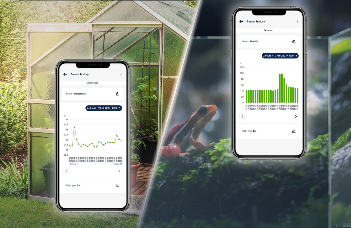Two smartphones display sensor charts from the Smart Wi-Fi Air Temperature and Humidity Sensor ~ humiditySensor by Blebox, with one showing temperature trends and the other humidity. Both phones are set against a split background of a greenhouse and plants.