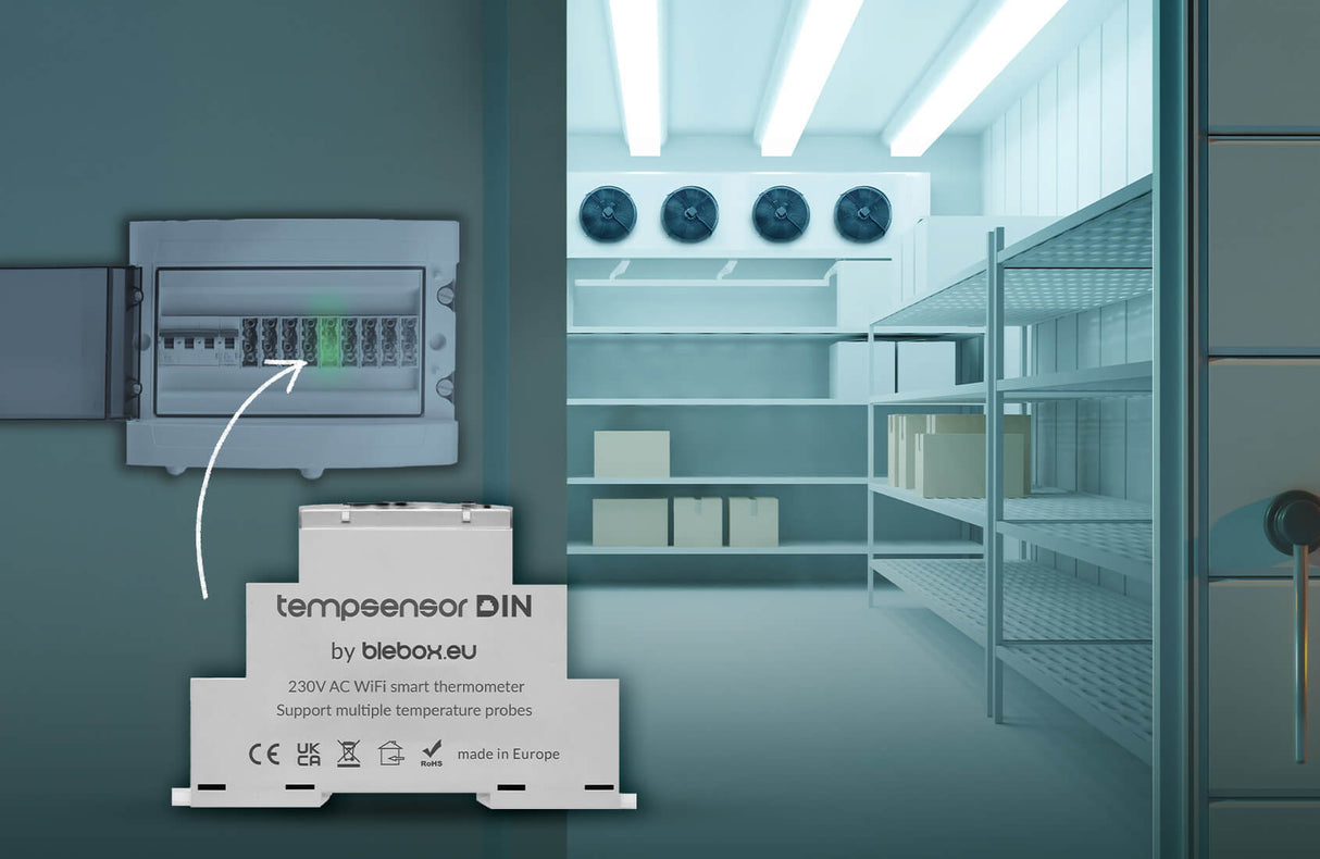 The DIN-rail Smart Wireless Temperature Sensor ~ tempSensor DIN by Blebox is shown installed in an electrical box in a cold storage room with metal shelves, fans, and an IP68 waterproof probe for reliable temperature monitoring.