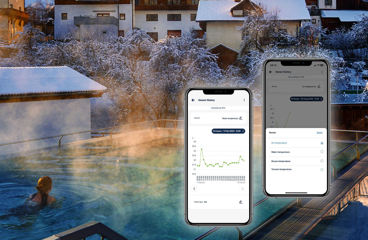 A person swims in a steaming outdoor pool in a snowy village. Two smartphone screens display temperature data from the DIN-rail Smart Wireless Temperature Sensor ~ tempSensor DIN by Blebox, overlaying the scene.