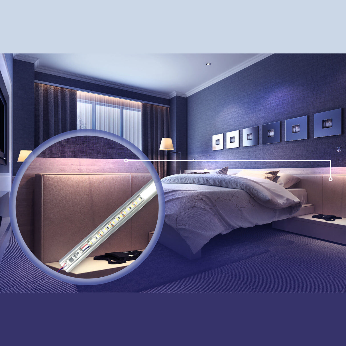 A modern bedroom with purple lighting features a neatly made bed. A circular inset highlights the twilightSwitch by BleBox—a miniature daylight switch for LED Channel—installed behind the headboard for ambient control.