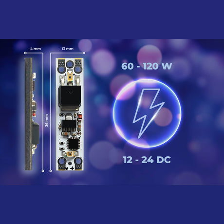 A Miniature Daylight Switch for LED Channel, twilightSwitch by BleBox, is shown from the side and top (4x13x35mm), with 60–120W and 12–24V DC beside a neon lightning bolt icon on a blue background.