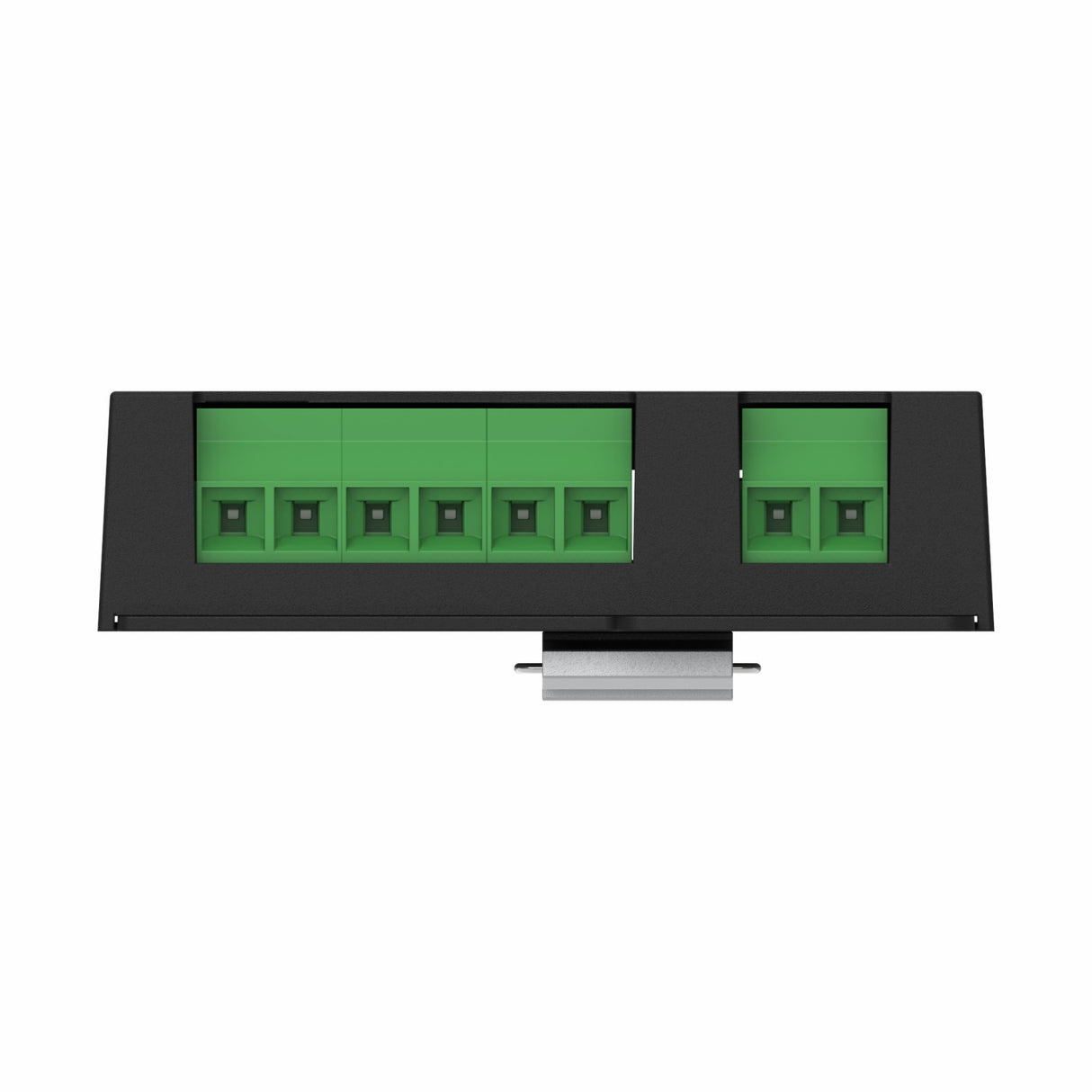 The Enttec CVC4, a 4-Channel Constant Voltage Dimmer with DMX and PLink, features a black rectangular connector panel with eight green slots in two groups on a small metallic base, shown against a white background.
