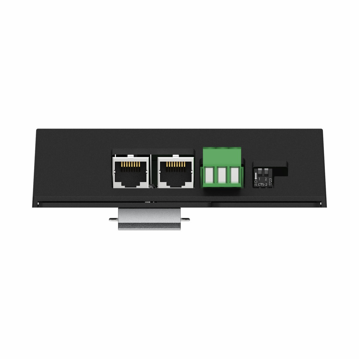 Front view of Enttec CVC4 4-Channel Constant Voltage Dimmer panel in black, showing two Ethernet ports, DMX control with auto-addressing, a green terminal block, black connector, and a silver mounting bracket below.