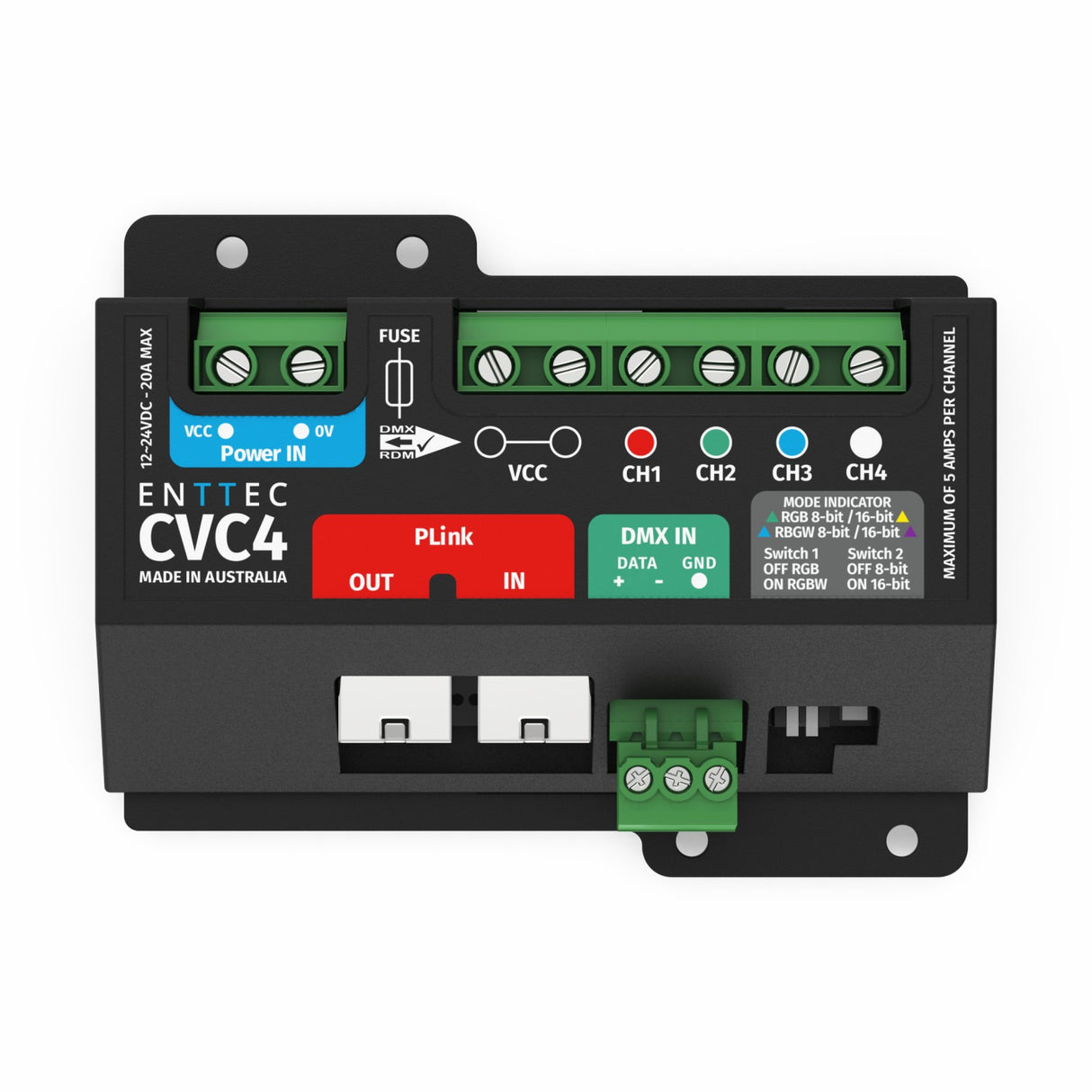 The Enttec CVC4 is a black, rectangular 4-Channel Constant Voltage Dimmer with DMX and PLink, featuring labeled terminals for power, four channels, data I/O, fuse, indicator LEDs, and color-coded labels on its front panel.