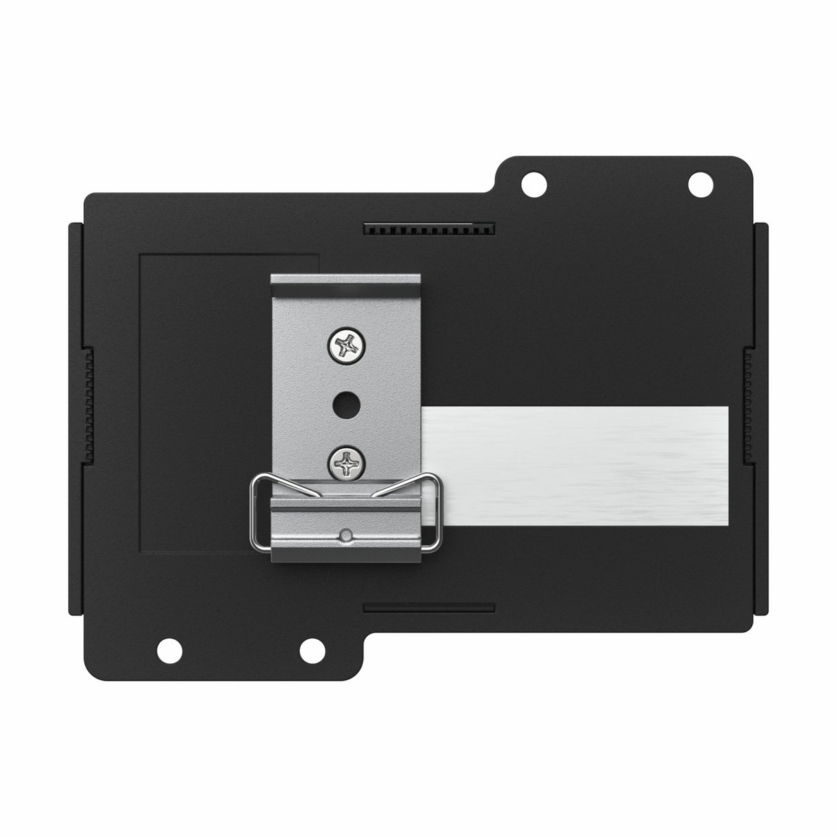 A black rectangular metal mounting bracket with a silver clip is shown against a white background, designed for secure installation of the Enttec CVC4 4-Channel Constant Voltage Dimmer with DMX and PLink control systems.