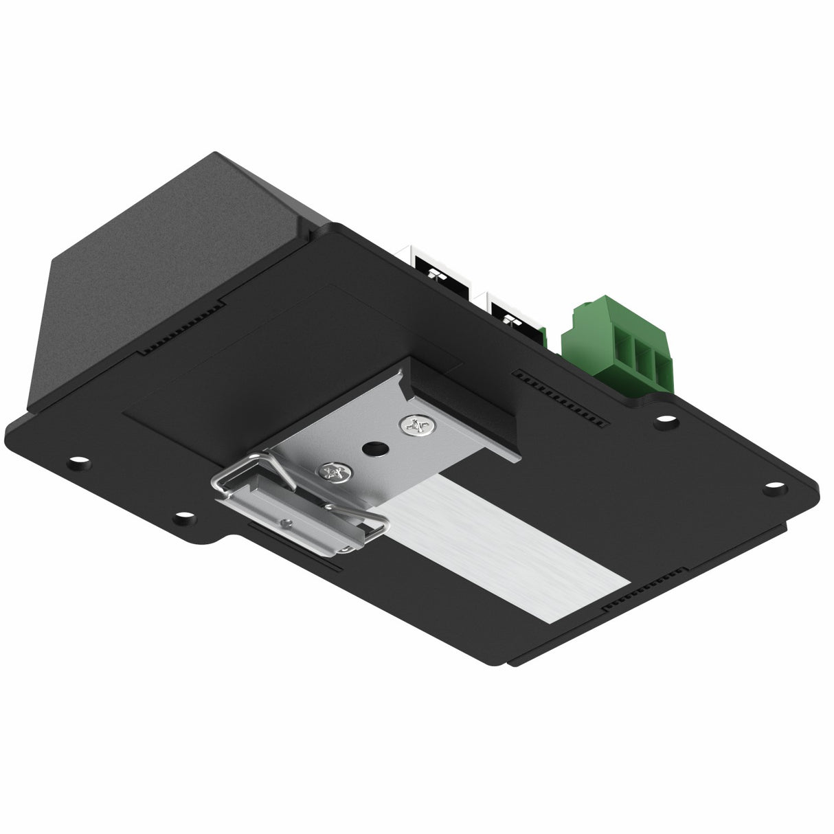 The Enttec CVC4 4-Channel Constant Voltage Dimmer features two USB ports, a green terminal block, and a metal mounting bracket, designed for LED dimming or DMX control; shown from an angled bottom view on a flat base.