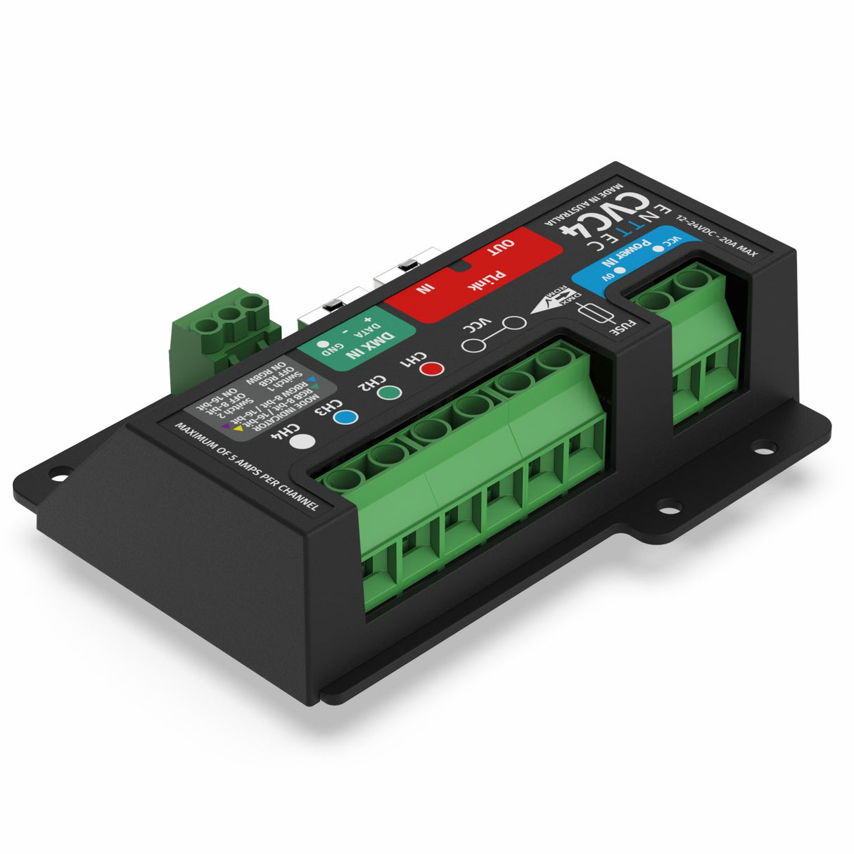 A black Enttec CVC4 4-Channel Constant Voltage Dimmer features multiple green terminal connectors, labeled ports, and indicator lights. It supports DMX and PLink control with various connection and status labels on its surface.