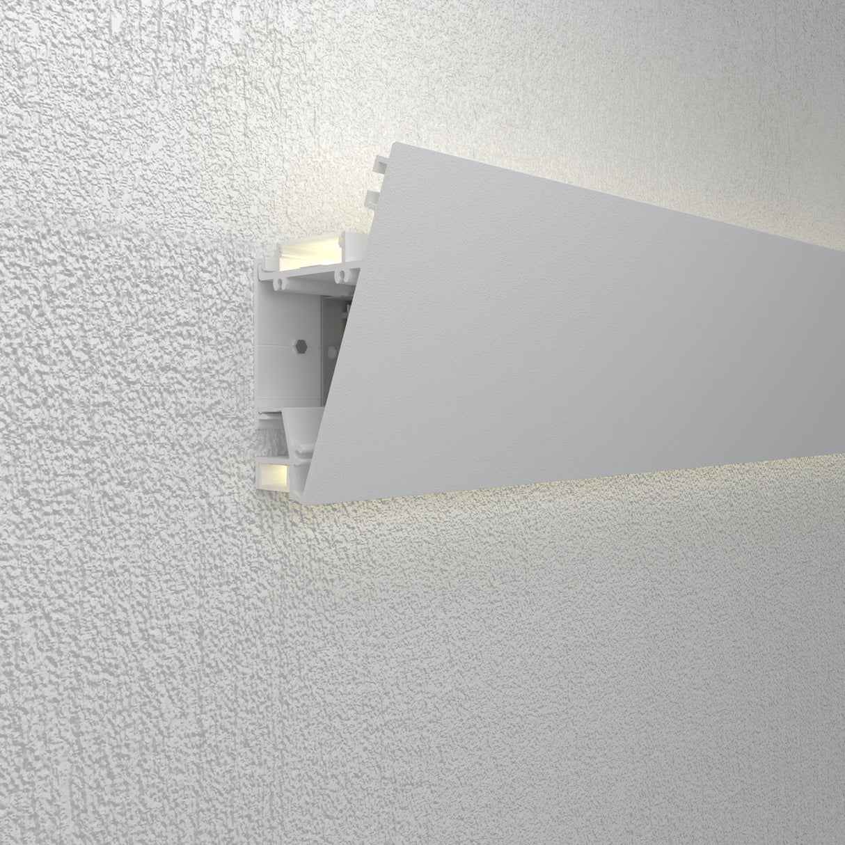 A close-up of the Up and Down Ceiling Wall Wash LED Profile ~ Model Badalona shows its textured white finish, internal structure, and soft illumination against a white textured wall, ideal for versatile lighting applications.