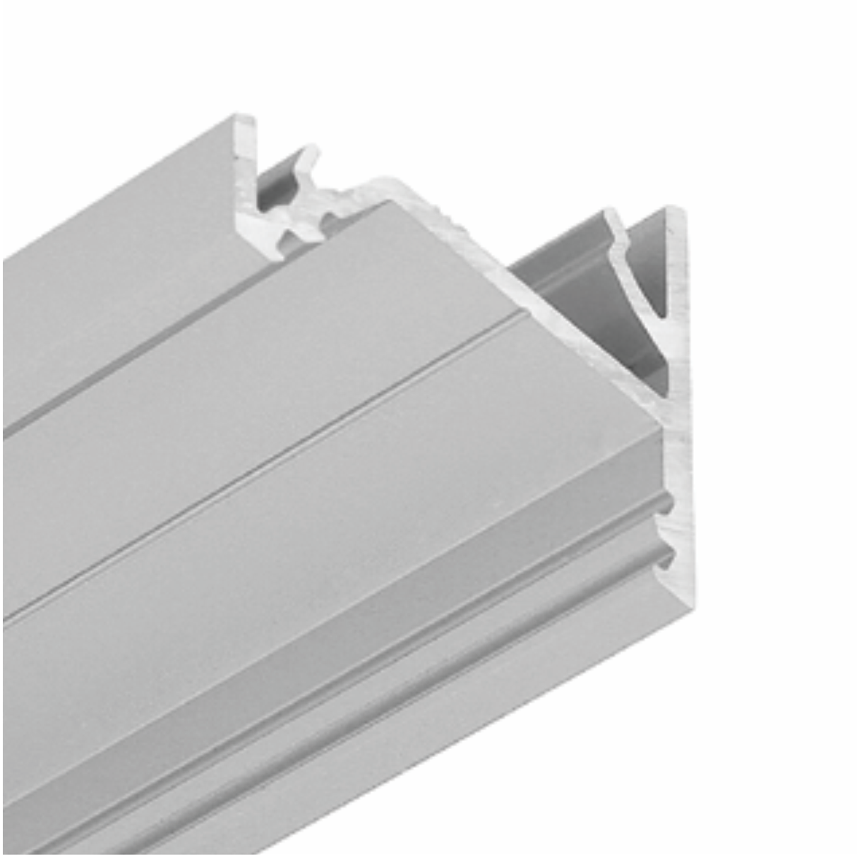 Close-up of the Surface Mount Corner LED Channel, Model Corner16, a silver aluminum extrusion with grooves and channels, perfect for construction, framing systems, or use as a corner LED profile on a plain white background.