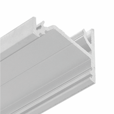 Close-up view of the Surface Mount Corner LED Channel, Model Corner16—a metallic silver extrusion profile with multiple grooves and ridges, designed for LED strip lighting or under-cabinet installations.