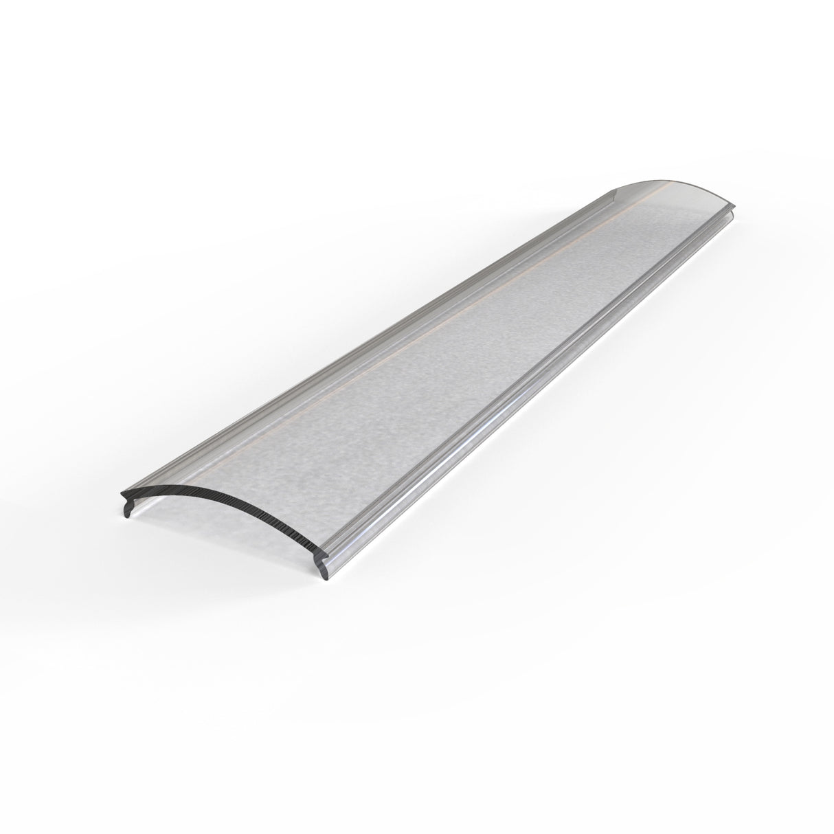 The Diffuser for Alu-Round 52 Profile is a long, transparent, slightly curved panel with metal edges and a satin matt finish for LED strips, shown on a white background.