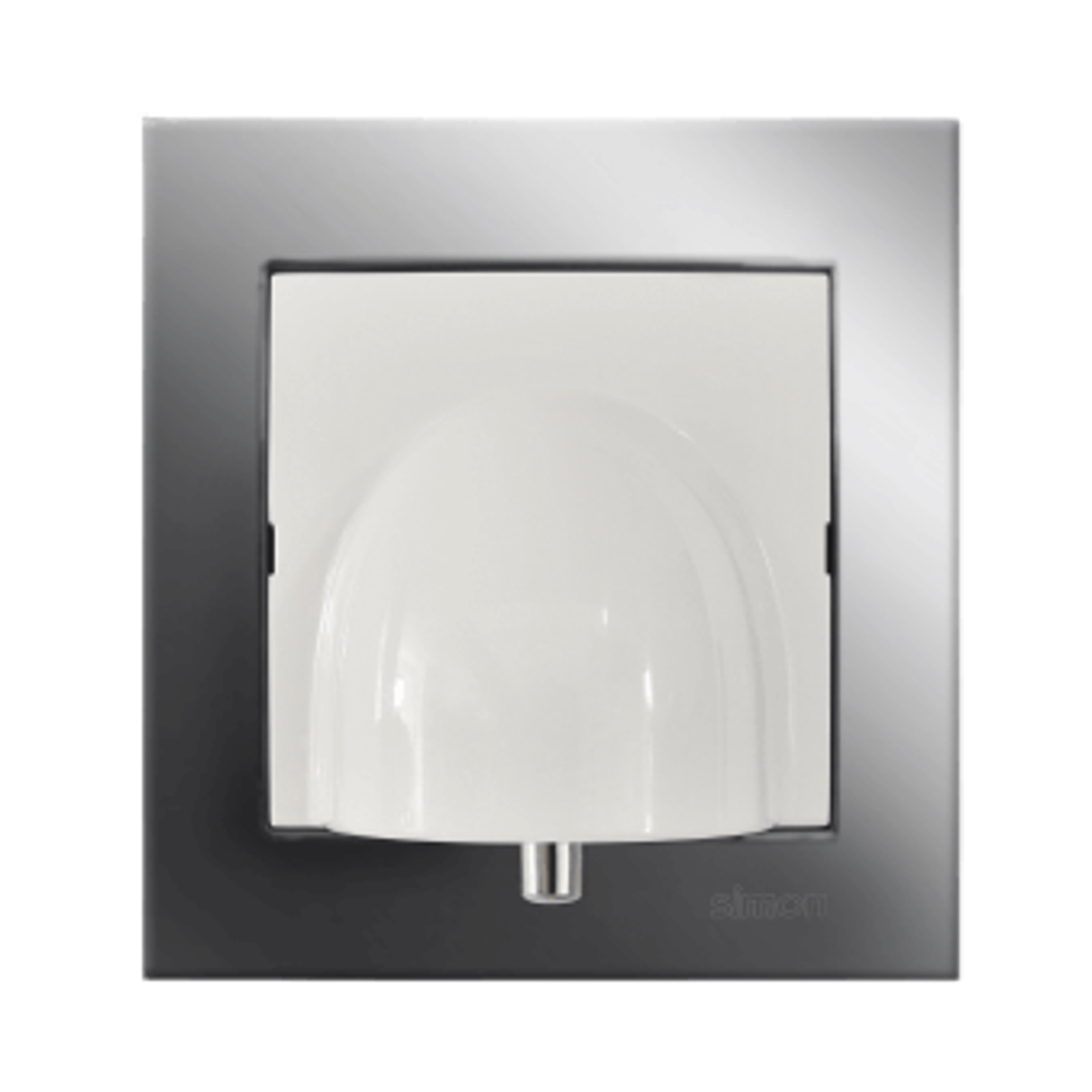 The Cable Outlet With Kontak Simon Frame by Blebox is a wall-mounted cable outlet with a stylish white cover and metallic square frame, perfect for public spaces requiring sleek design and practical cable management.