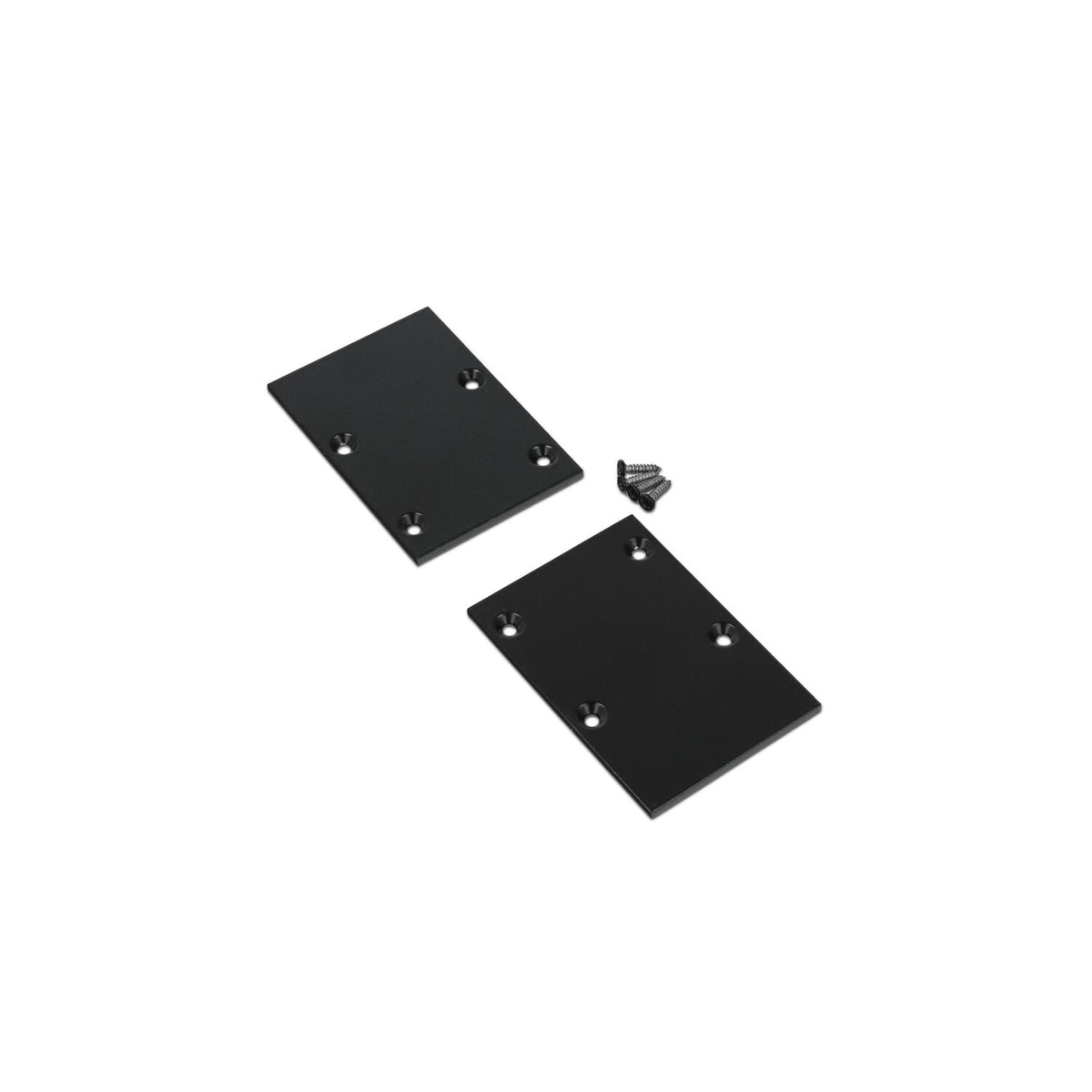 Two rectangular black End Cap for Pixel33-02 Profile, each with four screw holes, plus four black screws, all arranged on a white background.