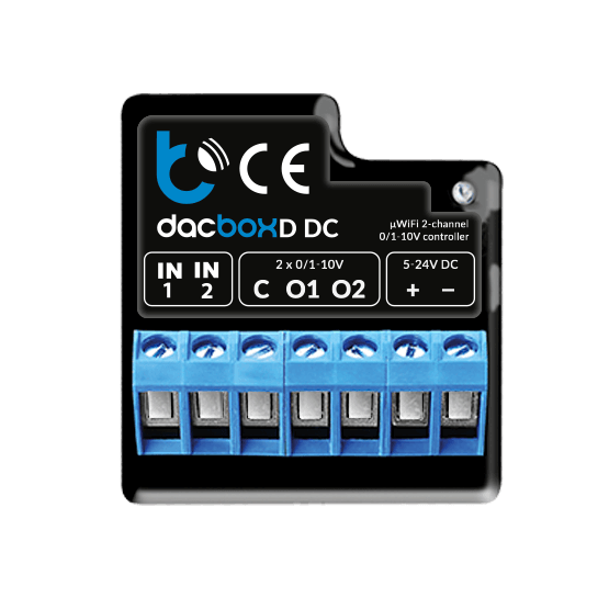 A black and blue Smart WiFi 2-Channel 0-10V Controller (Model dacBoxD DC) features labeled input, output, and power terminals, visible connection ports, and company branding on the top surface.