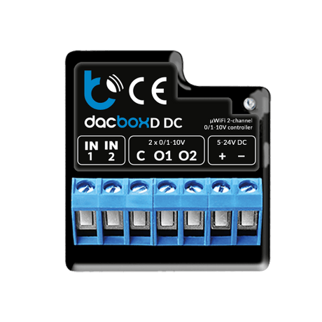 A black and blue Smart WiFi 2-Channel 0-10V Controller (Model dacBoxD DC) features labeled input, output, and power terminals, visible connection ports, and company branding on the top surface.