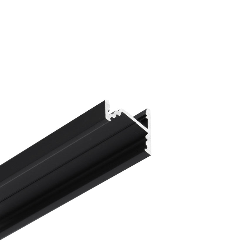 A close-up of a black aluminum extrusion profile featuring a U-shaped channel and grooves, designed as the 30/60 Degree Corner LED Channel ~ Model Corner10.v2 for surface-mounted LED strip installations, isolated on a white background.