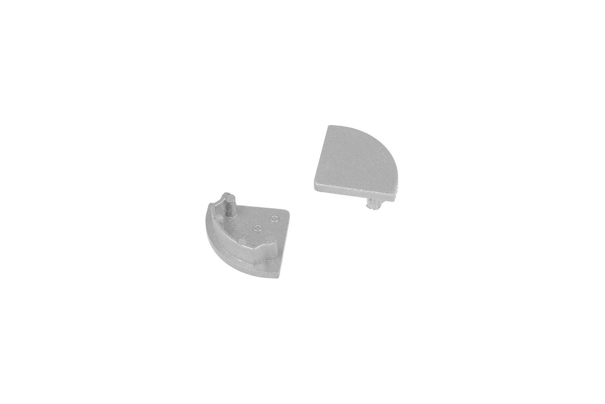 Two small, silver, semi-circular End Caps for D1 Click Cover with single pegs rest on a white background—one with indentations, the other smooth—perfect for securely sealing LED channels.
