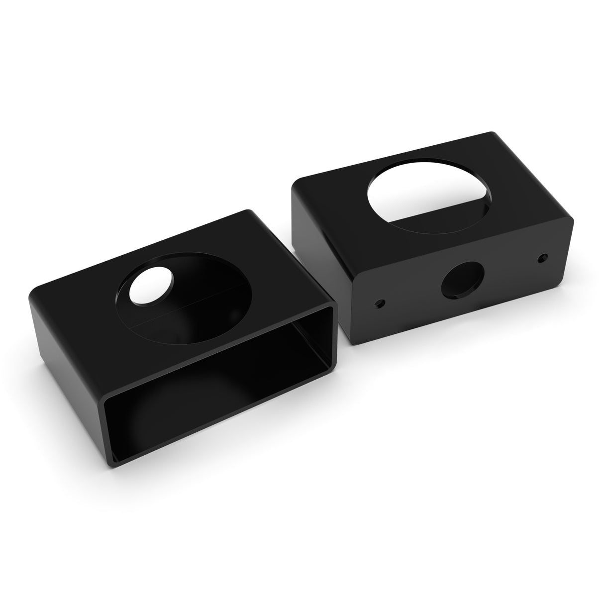Two black plastic Surface Mounting Brackets for 2.56 round profiles are shown at different angles on a white background, each with a large circular hole on top and smaller side holes, ideal for mounting waterproof outdoor lights.