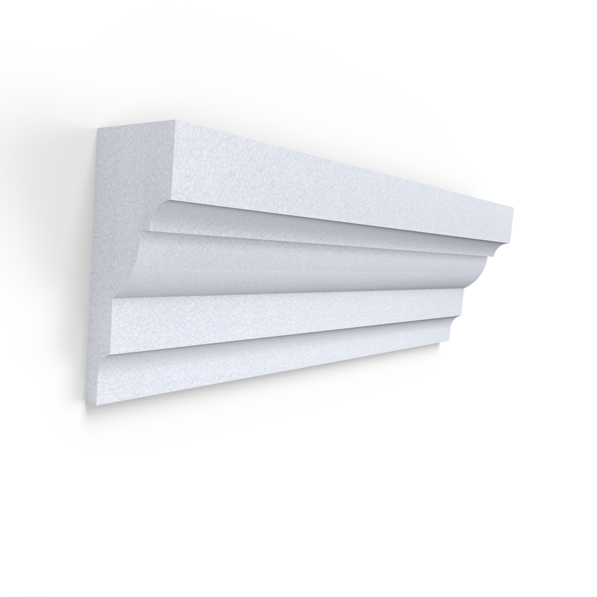 The Plaster Cornice Wall Edge Foam Molding ~ Model Stucko Moulding is a white, decorative foam cornice featuring three stepped horizontal layers and a beveled edge, displayed against a plain white background.