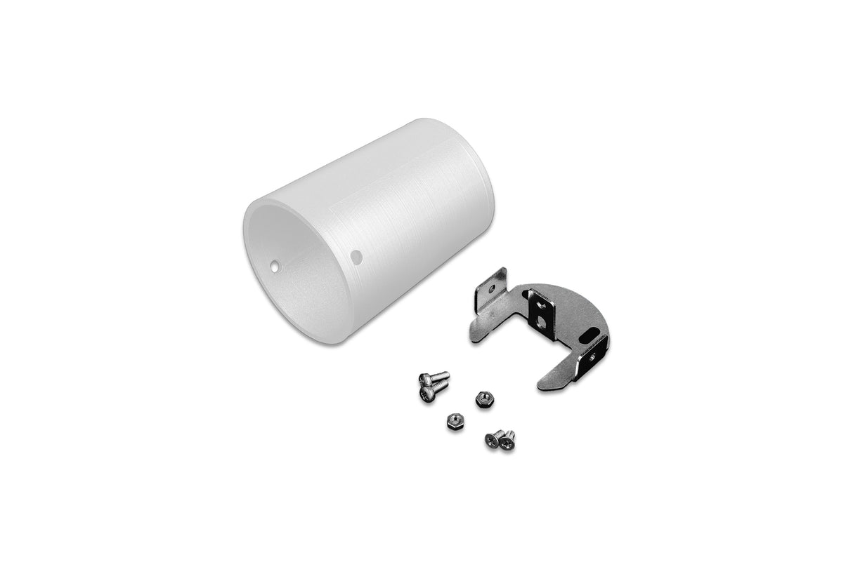 An End Holder for Arc12 Duo Profile, featuring a white cylindrical plastic cover made from durable ASA filament, a metal mounting bracket, and several small screws, is arranged on a white background.