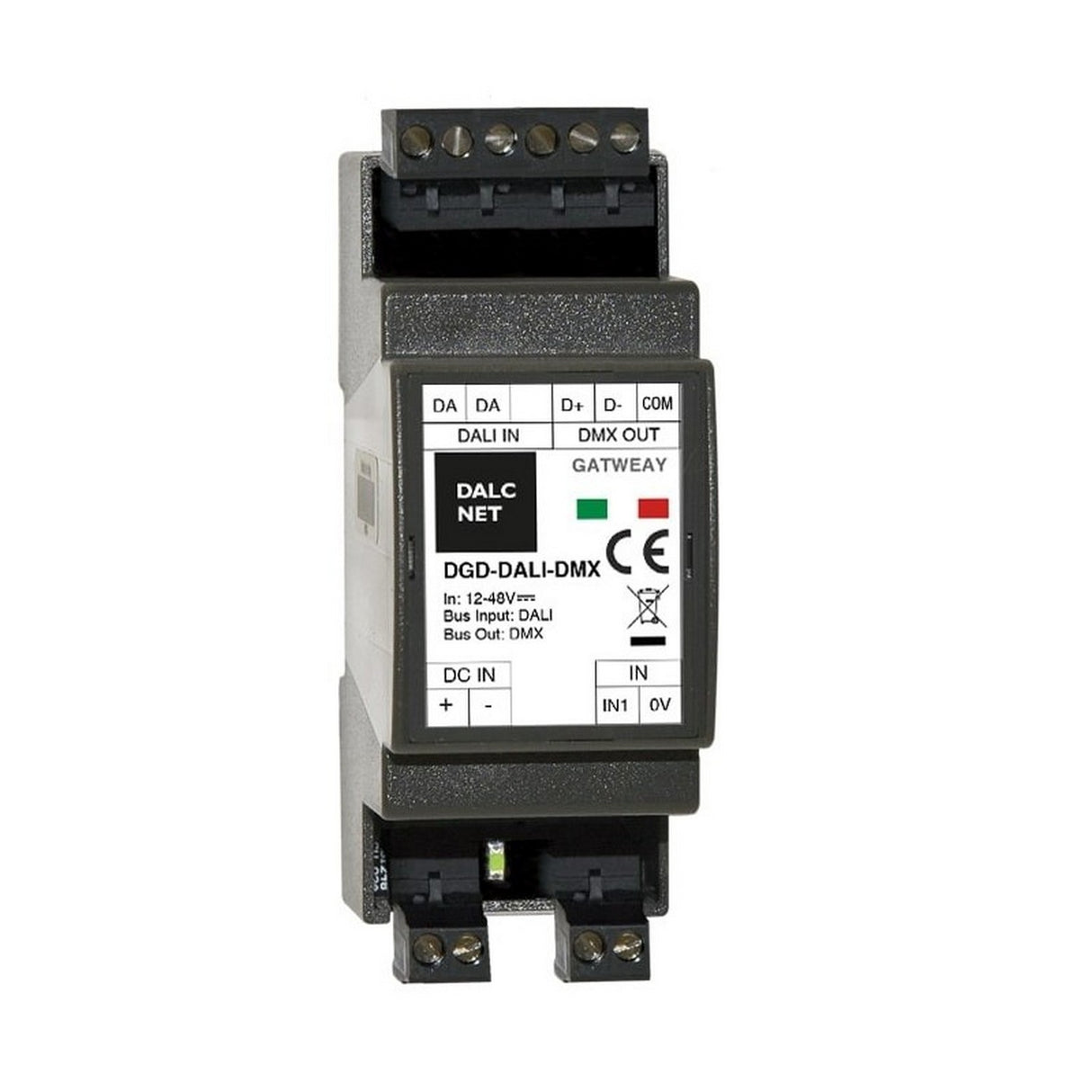 The Network Gateway with DALI to DMX Converter ~ Model DGD-DALI-DMX features input/output terminals, labeled buttons, and indicator lights on the front panel. It mounts on a DIN rail and is ideal as a DALI-DMX converter for modern lighting control systems.