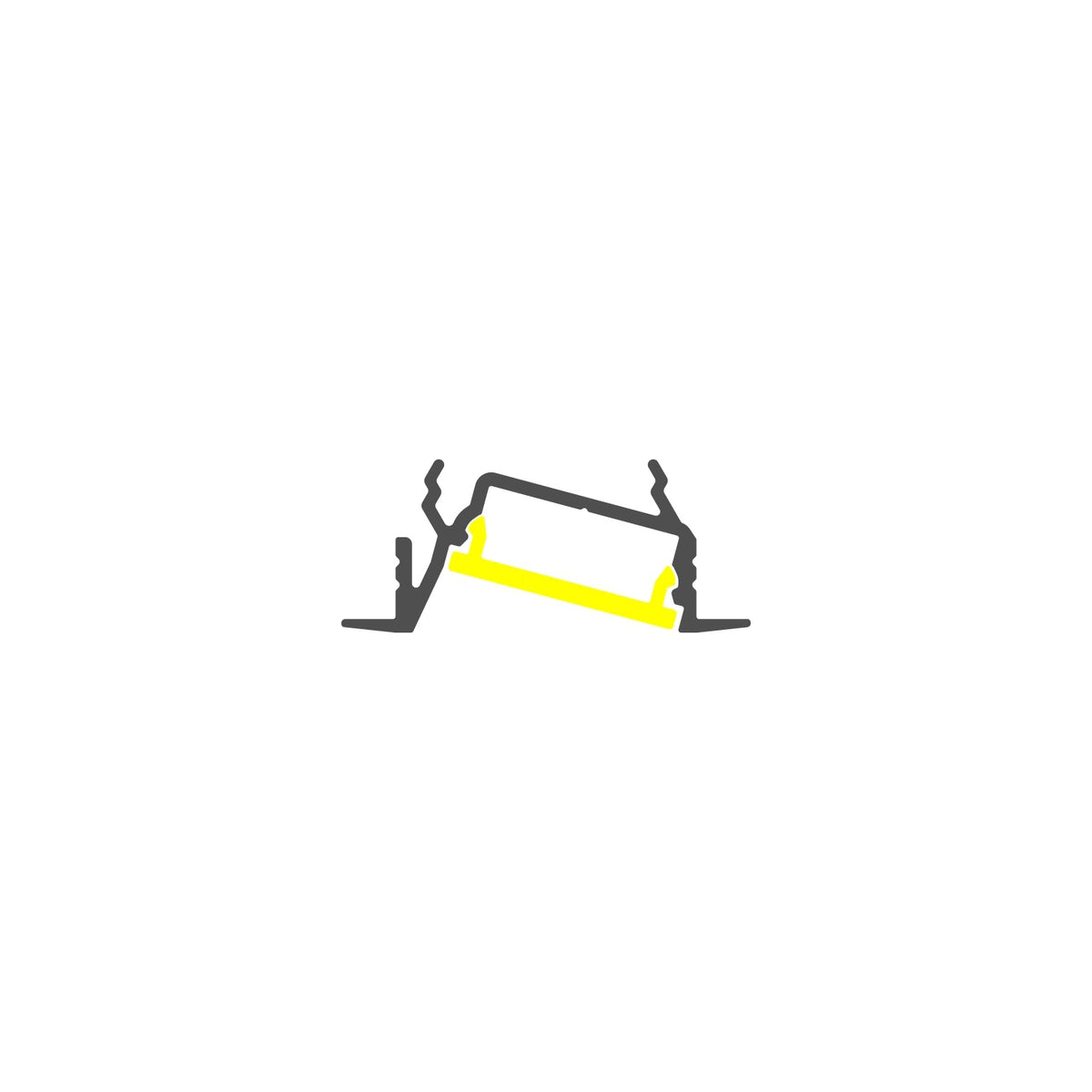 Minimalist illustration of a bed with a yellow mattress, featuring the Recessed LED Channel for Angled Lighting (Model Diagonal14) as subtle under-bed lighting, perfect for modern bedrooms.