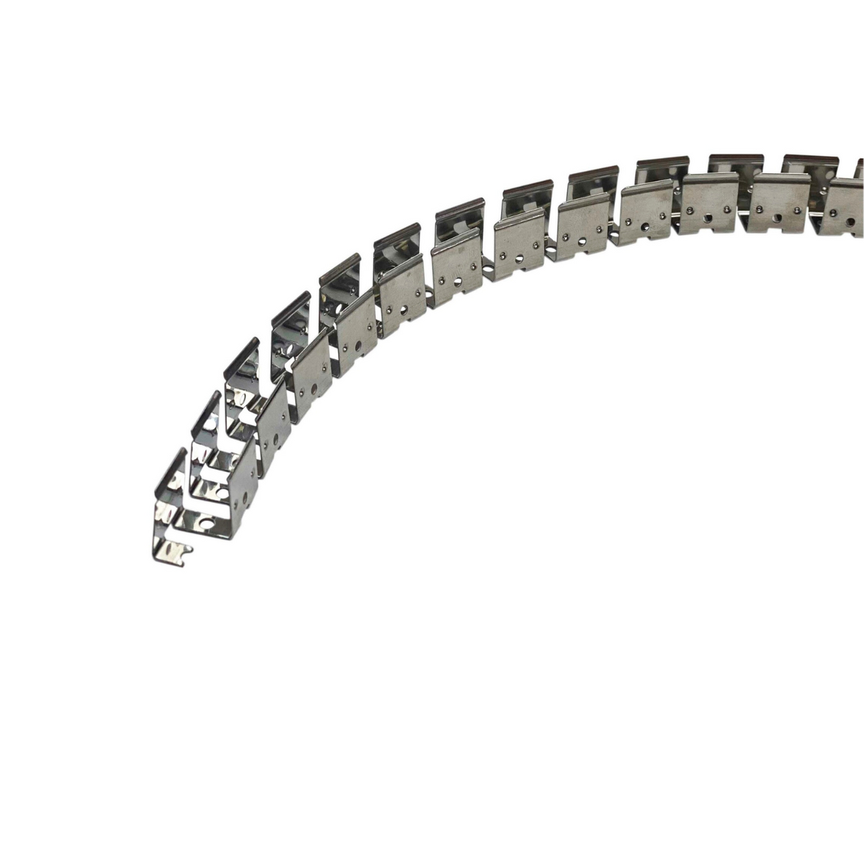 The Flexible Die-Cut Mounting Profile for Neon XL and Neon Las Vegas Profile features interconnected metal brackets with rectangular cutouts, designed for adaptable LED neon lighting installations, shown on a white background.